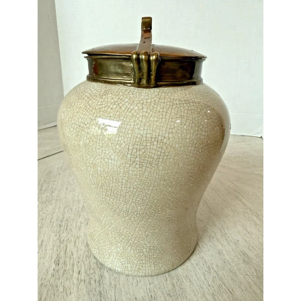 Vintage 1980s Tozai Faux Shagreen Crackle Porcelain & Bronze Ginger Jar Urn